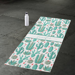 Whimsical cactus green white pattern monogram yoga mat