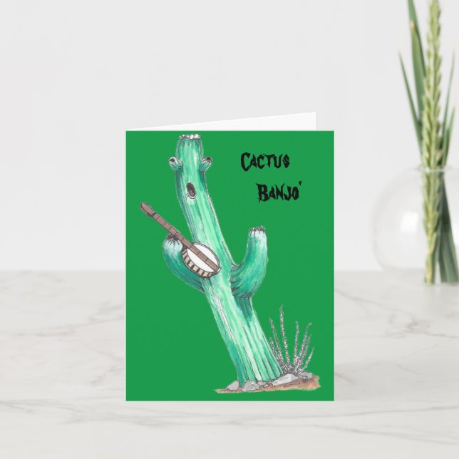 Whimsical Cactus Playing Banjo' Funny Card (Front)