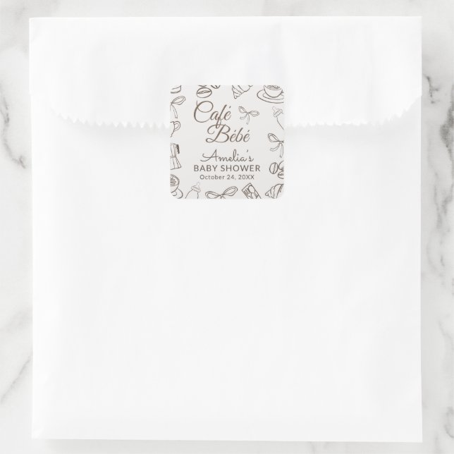 Whimsical Cafe Bebe Bow Baby Shower  Square Sticker (Bag)