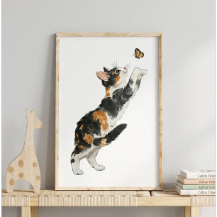 Whimsical Calico Cat & Butterfly Watercolor Art  Poster