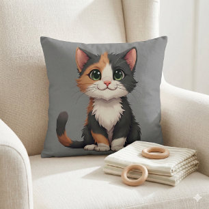 Whimsical Calico Kitten with Cattitude Cushion