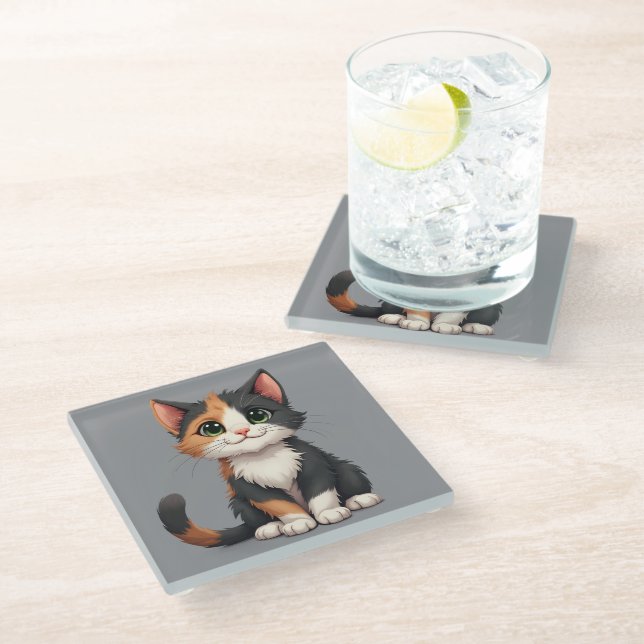 Whimsical Calico Kitten with Cattitude Glass Coaster (Angled)