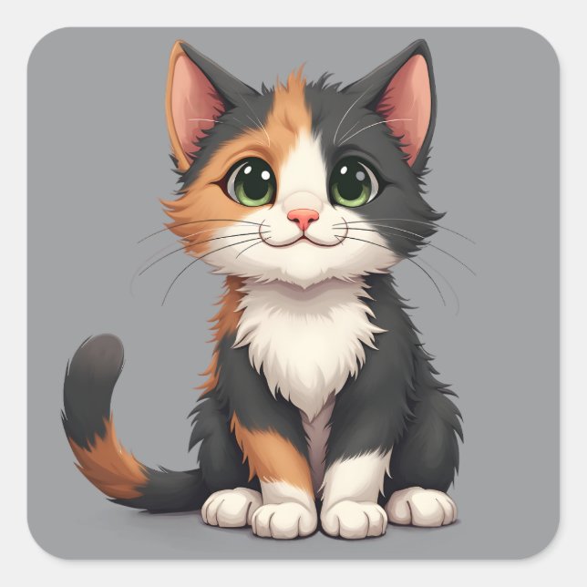 Whimsical Calico Kitten with Cattitude Square Sticker (Front)