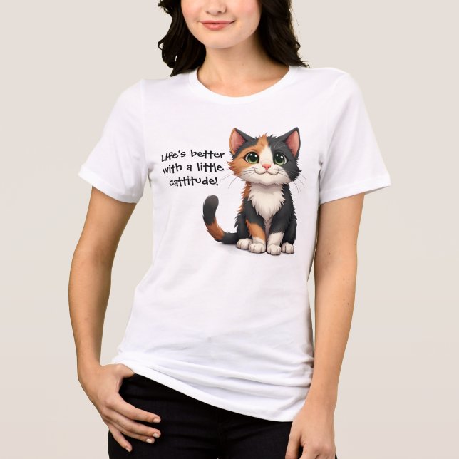 Whimsical Calico Kitten with Cattitude Tri-Blend Shirt (Front)