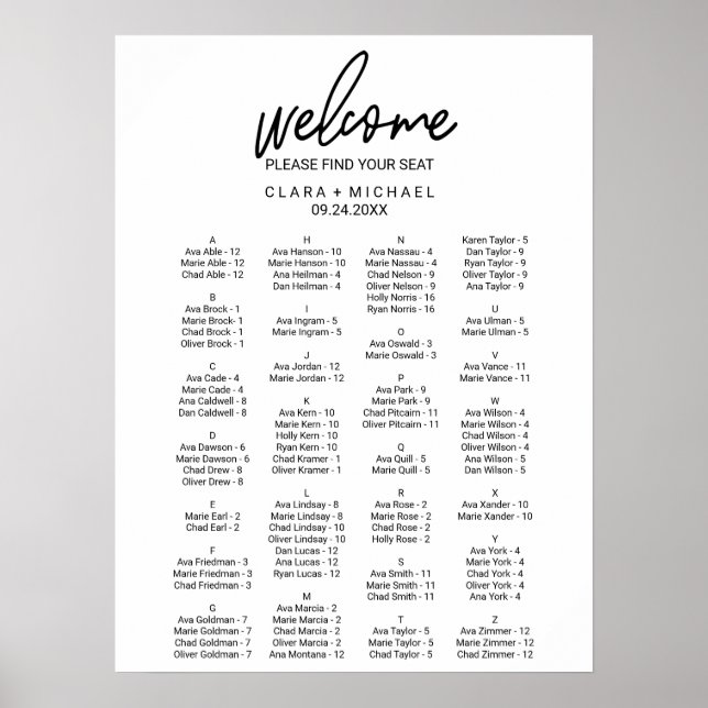 Whimsical Calligraphy Alphabetical Seating Chart (Front)