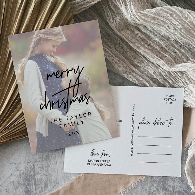 Whimsical Calligraphy | Faded Photo Christmas Holiday Postcard (Creator Uploaded)