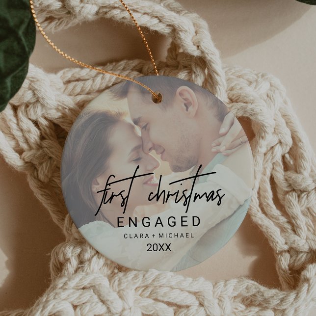 Whimsical Calligraphy Faded Photo Engaged Ceramic Tree Decoration (Whimsical Calligraphy Faded Photo Engaged Ceramic Ornament)