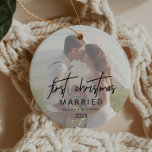 Whimsical Calligraphy Faded Photo Married Ceramic Tree Decoration<br><div class="desc">This whimsical calligraphy faded photo married holiday ornament is the perfect modern Christmas tree decoration. The design features elegant yet rustic typography with two of your photos,  one on the front and one on the back. This keepsake ornament reads "first Christmas married". Personalise it with the year.</div>
