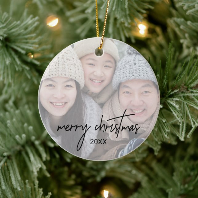Whimsical Calligraphy Faded Photo Merry Christmas Ceramic Tree Decoration (Tree)