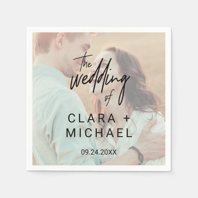 Whimsical Calligraphy | Faded Photo Wedding Napkin (Front)