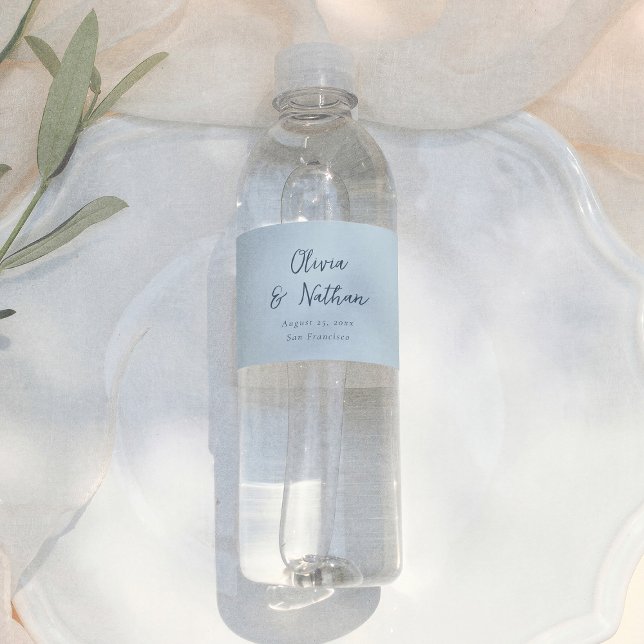 Whimsical Calligraphy Minimal Retro Blue Wedding Water Bottle Label (Creator Uploaded)