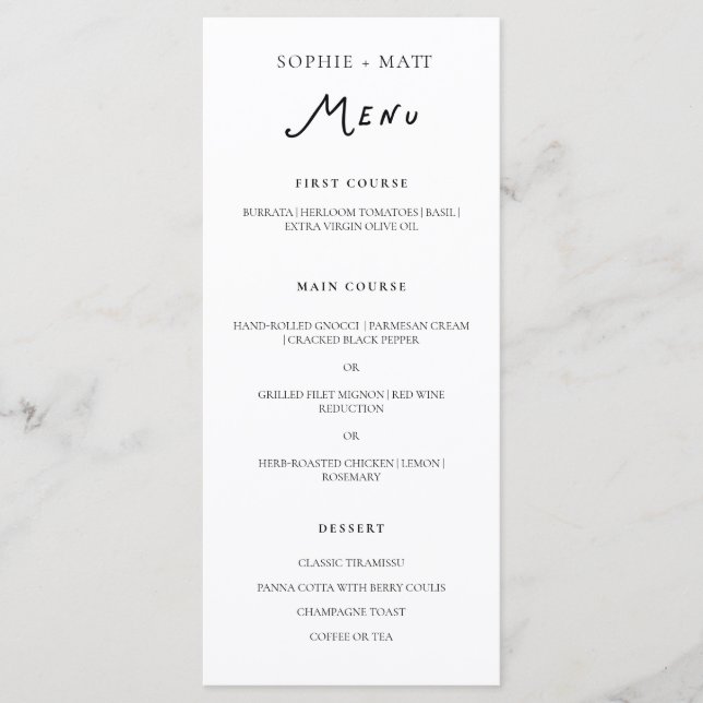Whimsical Calligraphy Minimalist Wedding Menu (Front)
