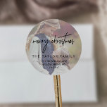Whimsical Calligraphy Photo Christmas Address Classic Round Sticker<br><div class="desc">These whimsical calligraphy photo Christmas return address stickers are perfect for a modern holiday card or invitation envelope. The design features elegant yet rustic typography with your photo faded in the background.</div>