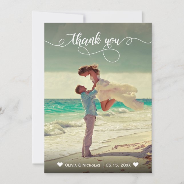 Whimsical Calligraphy Photo Wedding Thank You Card (Front)