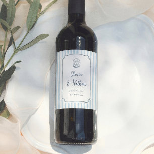 Whimsical Calligraphy Retro Blue Stripes Wedding Wine Label