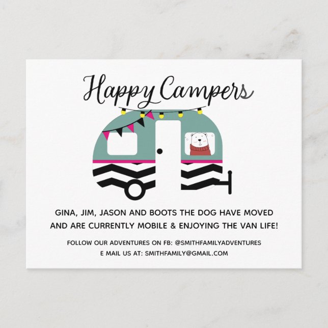 Whimsical Camper String Lights Moving Announcement Postcard (Front)