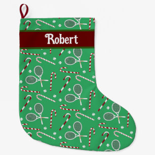 Whimsical Candy Cane Christmas Holiday Tennis Large Christmas Stocking
