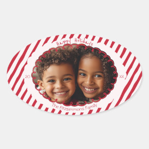 Whimsical Candy Cane Stripe Holiday Photo Oval Sticker