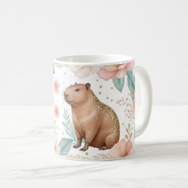Whimsical Capybara and Floral Delight Coffee Mug (Front Right)
