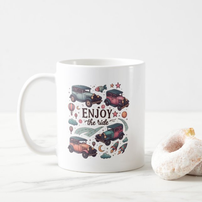 Whimsical Car & Cosmic Mug with Stars (With Donut)