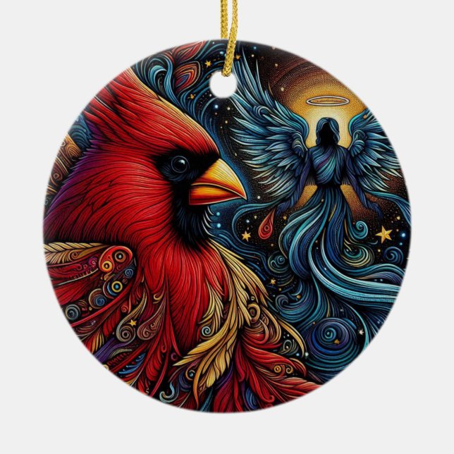 Whimsical Cardinal and Angel Ceramic Tree Decoration (Front)