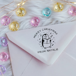 Whimsical Carol Singing Penguin Merry Christmas Self-inking Stamp