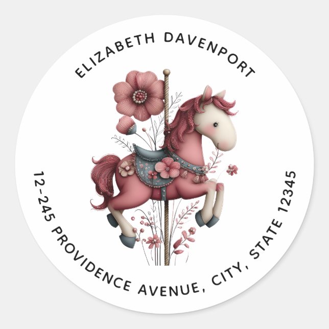 Whimsical Carousel Horse Image Address Classic Round Sticker (Front)