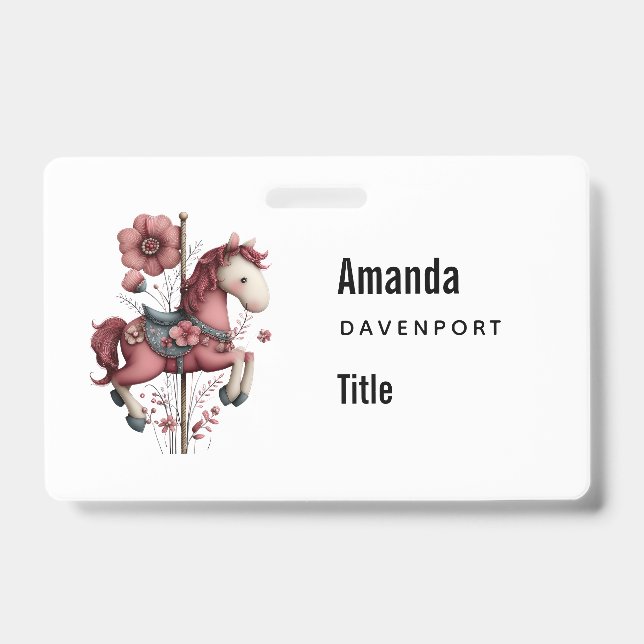 Whimsical Carousel Horse Image Business ID Badge (Front)