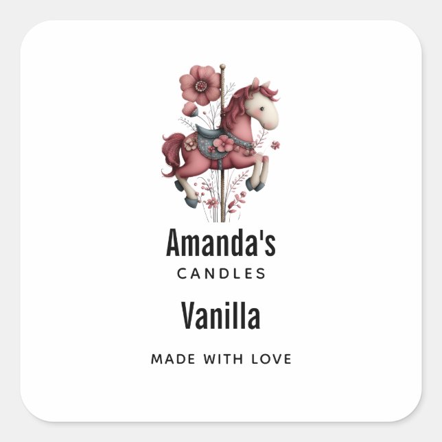 Whimsical Carousel Horse Image Candle Business Square Sticker (Front)