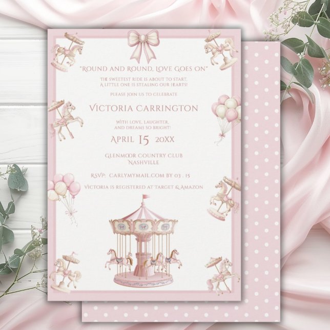 Whimsical Carousel Pink Baby Shower Invitation (Creator Uploaded)