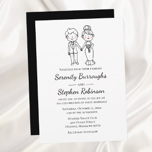 Whimsical Cartoon Bride Groom Black Wedding Invitation