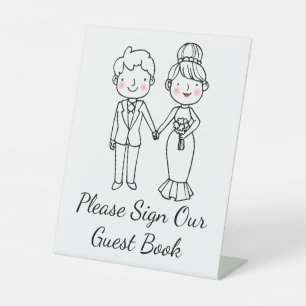 Whimsical Cartoon Bride Groom Wedding Guest Book   Pedestal Sign