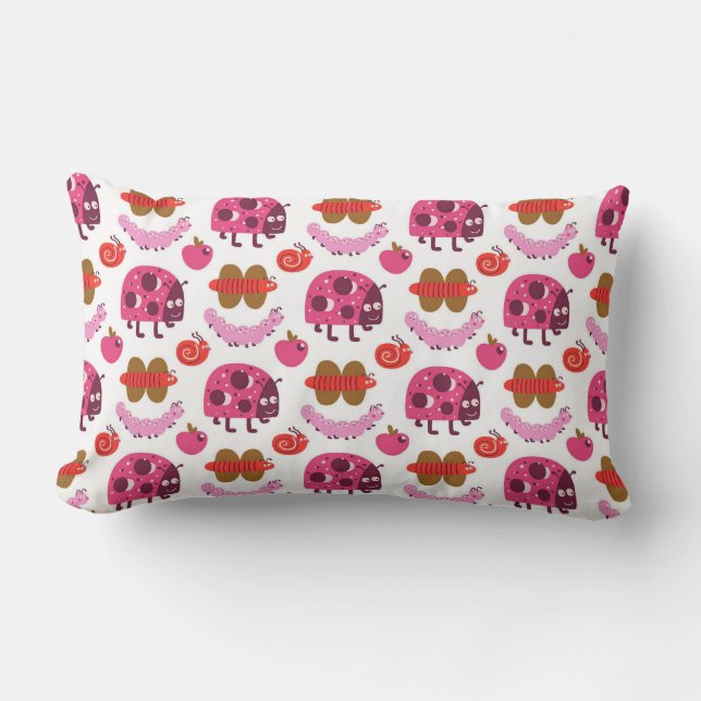 Whimsical Cartoon Bugs And Fruits Pattern Lumbar Cushion (Front)