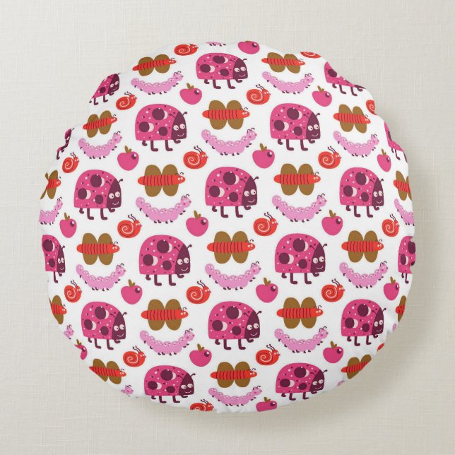 Whimsical Cartoon Bugs And Fruits Pattern Round Cushion (Front)