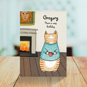 Whimsical Cartoon Cat Cosy Winter Birthday Card