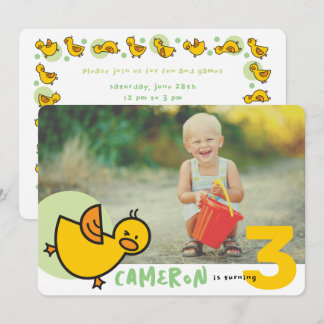 Whimsical Cartoon Ducks Green Girl Photo Birthday Invitation
