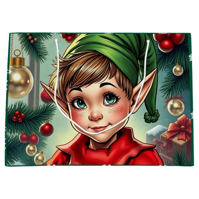 Whimsical Cartoon Elf | Christmas Large Gift Bag (Front)