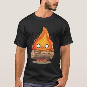 Whimsical Cartoon Flame Holding Log T-Shirt