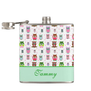 Whimsical Cartoon Owls Drinking Flask