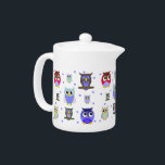 Whimsical Cartoon Owls Tea Pot<br><div class="desc">Colourful ceramic tea pot,  with whimsical cartoon graphics of owls and blue polka dots.  Adorable pot for all your favourite hot beverages.  Great for the kid's hot cocoa,  and makes a sweet gift idea.</div>