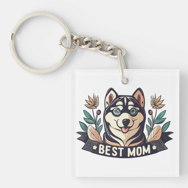 Whimsical Cartoon Siberian Husky Dog Mum Key Ring (Front)