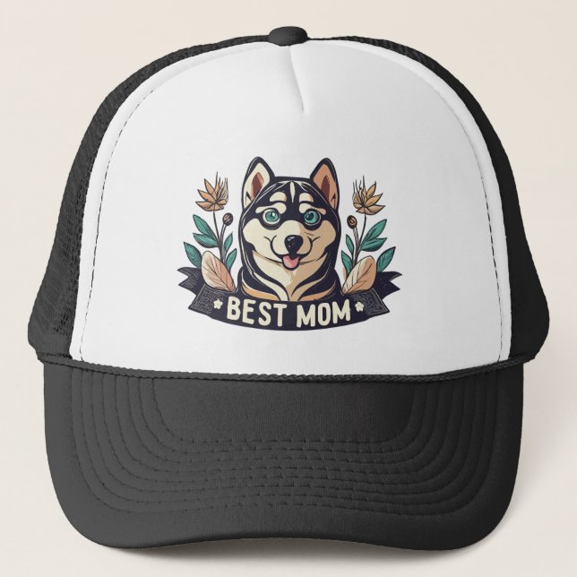 Whimsical Cartoon Siberian Husky Dog Mum Trucker Hat (Front)