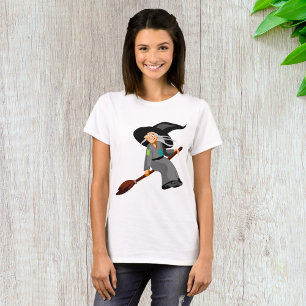Whimsical Cartoon Witch Flying on Broomstick T-Shirt