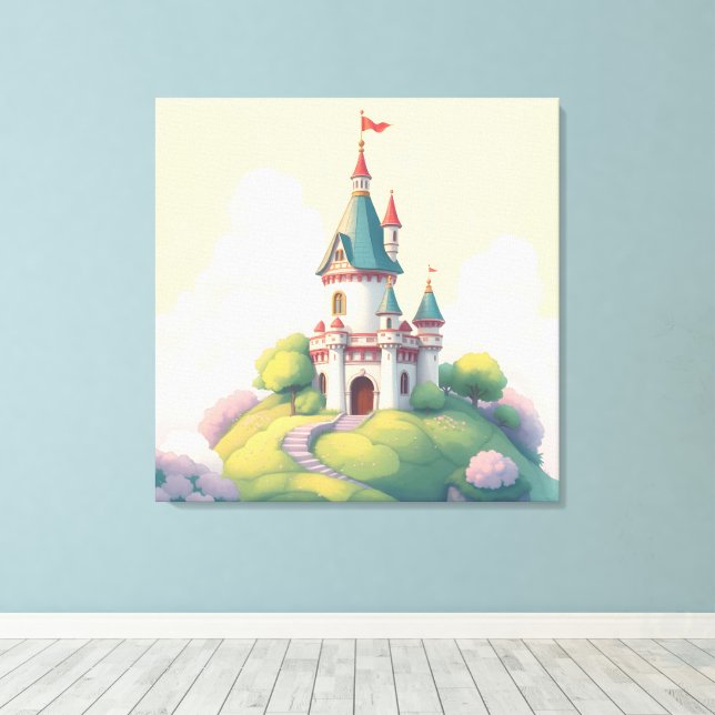 Whimsical castle with green garden canvas print (Insitu(Wood Floor))