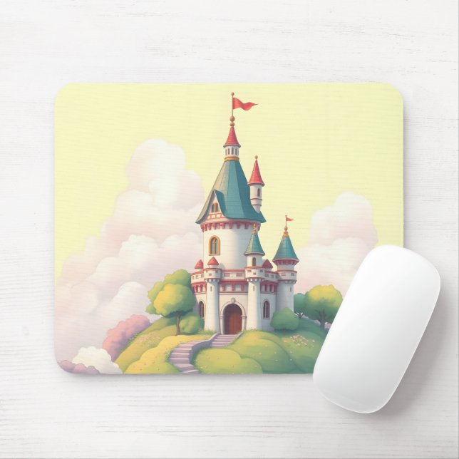 Whimsical castle with green garden mouse pad (With Mouse)