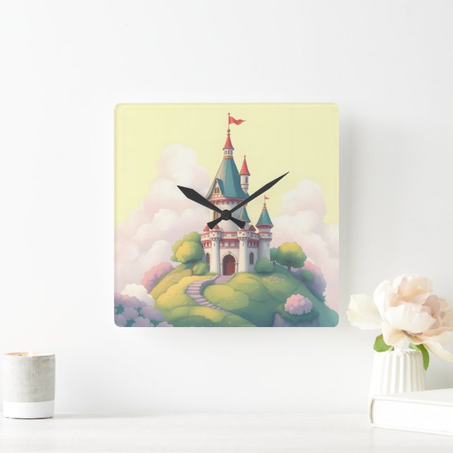 Whimsical castle with green garden square wall clock (Home)