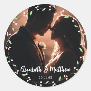 whimsical casual overlay photo romantic wedding classic round sticker