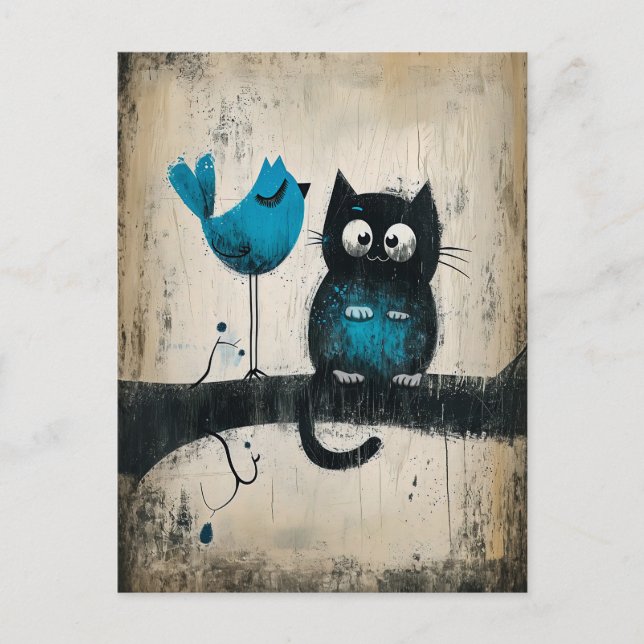 Whimsical Cat and Bird on a Branch Postcard (Front)