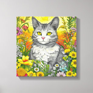 Whimsical Cat and Flowers  Canvas Print