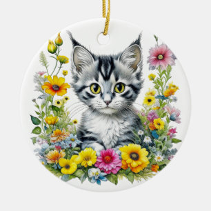Whimsical Cat and Flowers Personalised Christmas Ceramic Tree Decoration